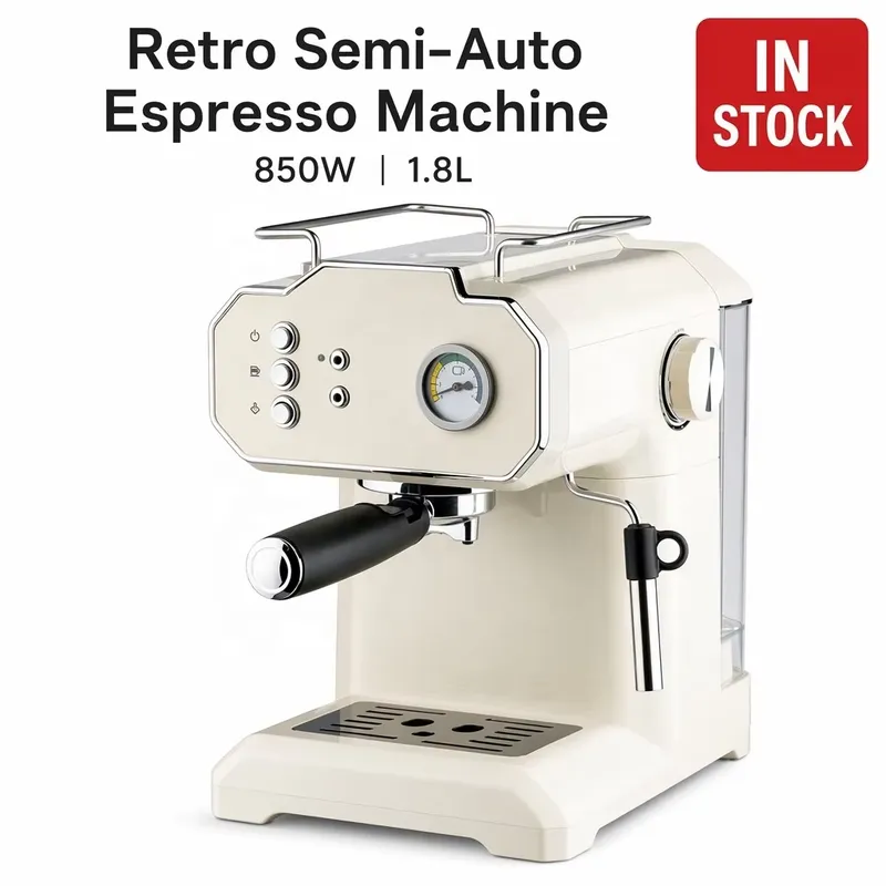Pressure Gauge Espresso - Retro Halbautomatische Espressomaschine 850W 1,8L Doppelbrühgruppe