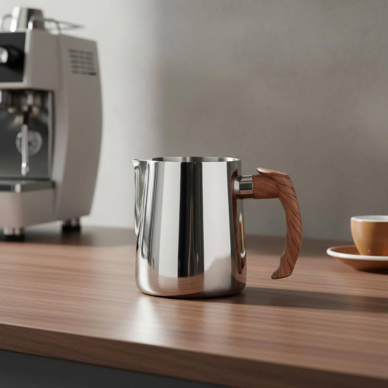 Milk Steaming Pitcher - Latte-Art-Kanne mit Holzgriff, verdicktem Rahmen, Edelstahl-Milchaufschäumkrug,
